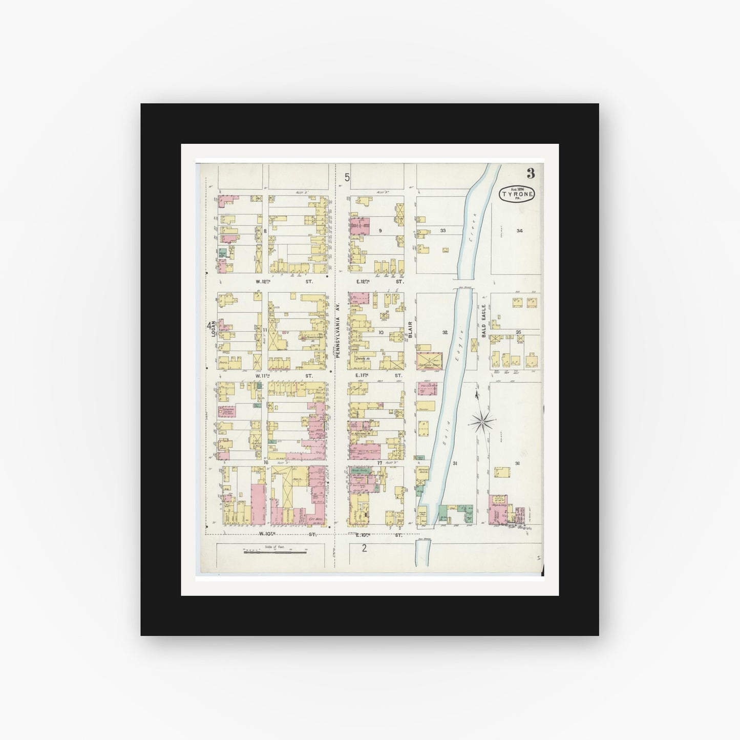 Old map wall art mockup — black gallery frame with white mat — Sanborn Fire Insurance Map from Tyrone, Blair County, Pennsylvania (1896), Sheet #0003
