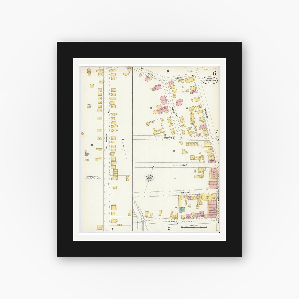 Old map wall art mockup — black gallery frame with white mat — Sanborn Fire Insurance Map from Haverstraw, Rockland County, New York (1903), Sheet #0006