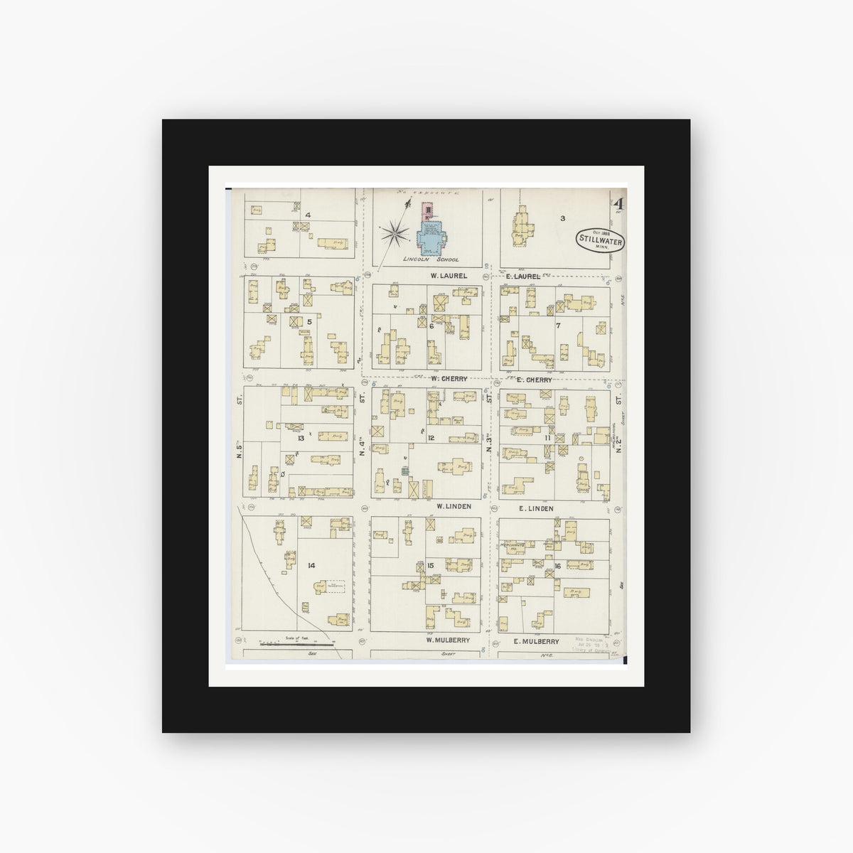 Old map wall art mockup — black gallery frame with white mat — Sanborn Fire Insurance Map from Stillwater, Washington County, Minnesota (1888), Sheet #0004