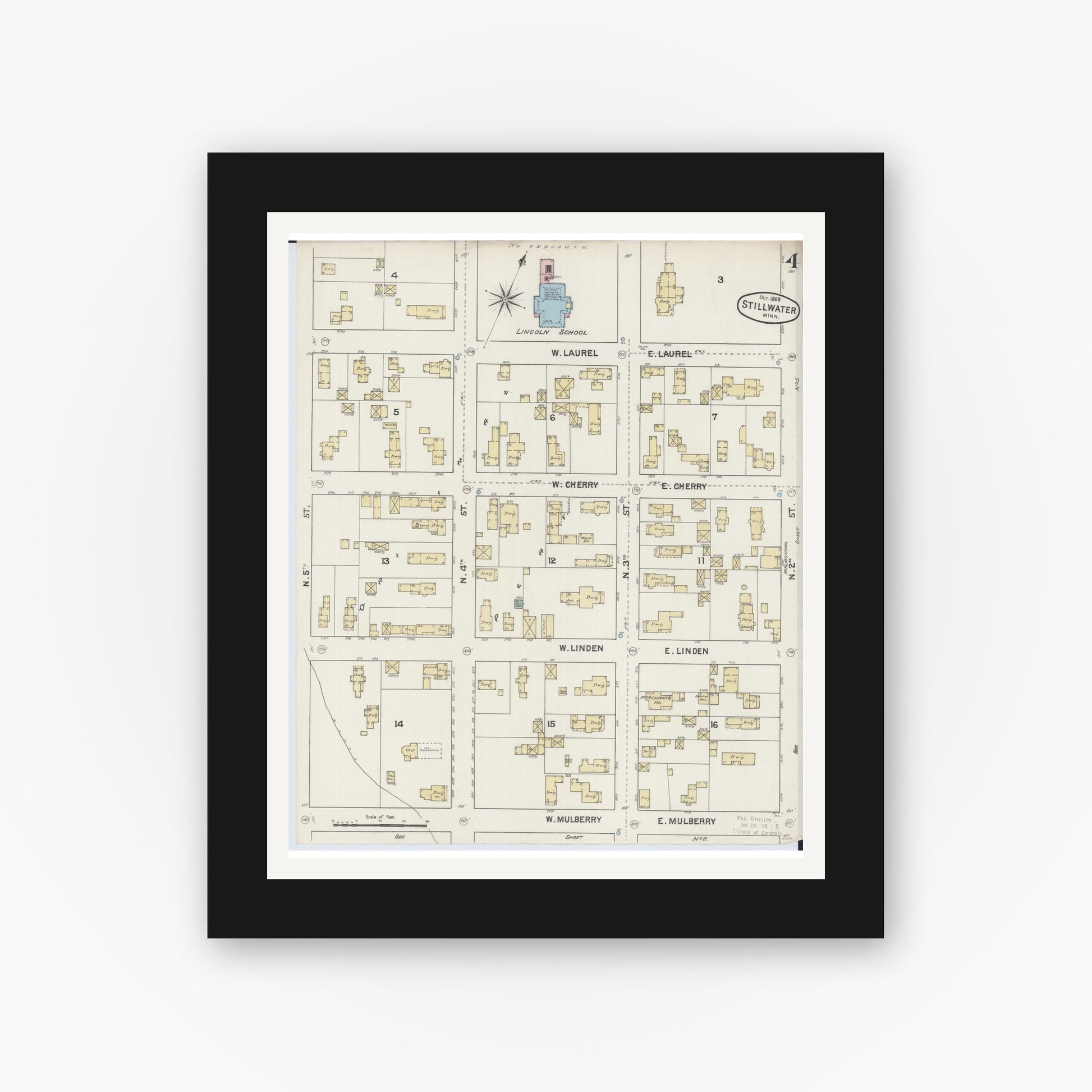 Old map wall art mockup — black gallery frame with white mat — Sanborn Fire Insurance Map from Stillwater, Washington County, Minnesota (1888), Sheet #0004