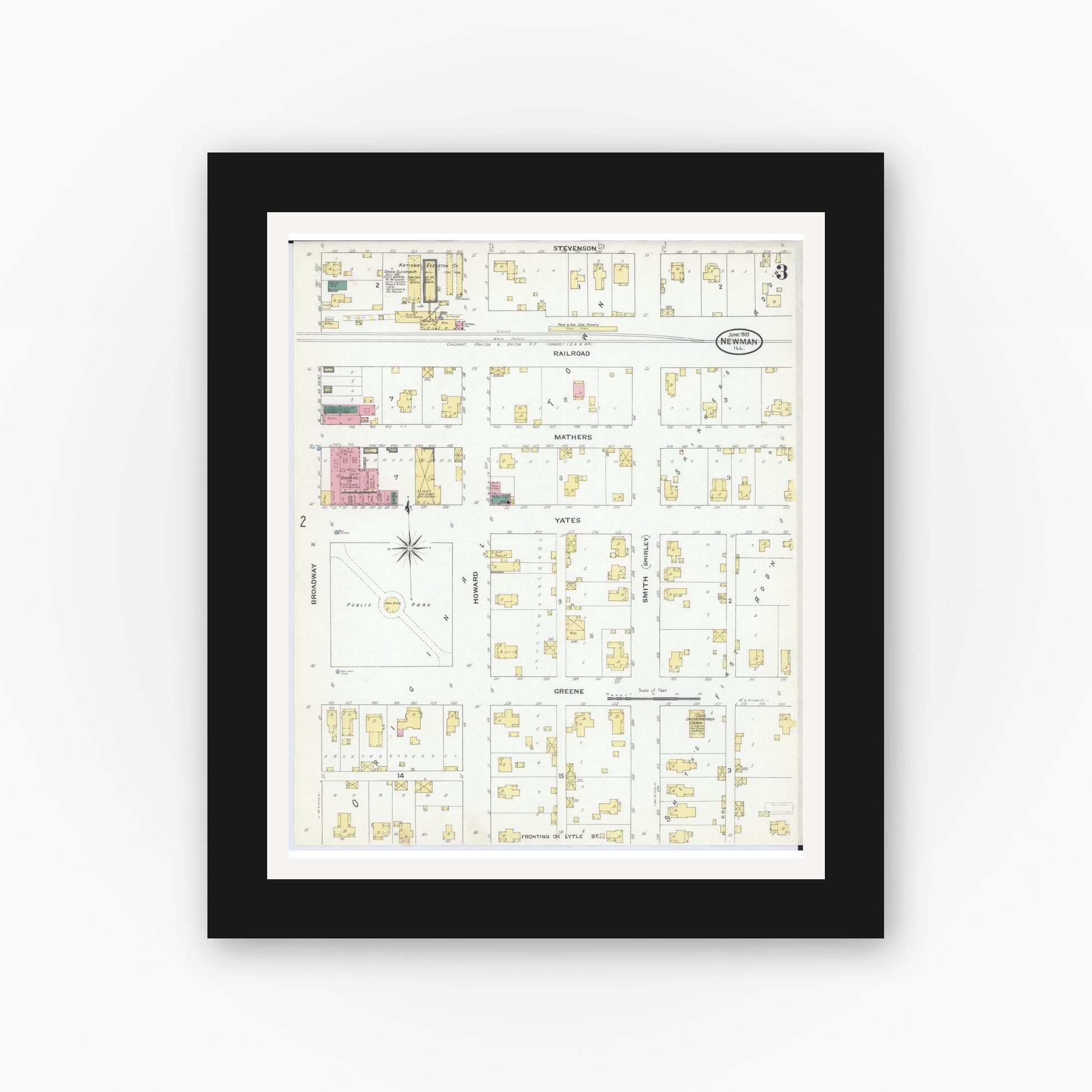 Old map wall art mockup — black gallery frame with white mat — Sanborn Fire Insurance Map from Newman, Douglas County, Illinois (1909), Sheet #0003