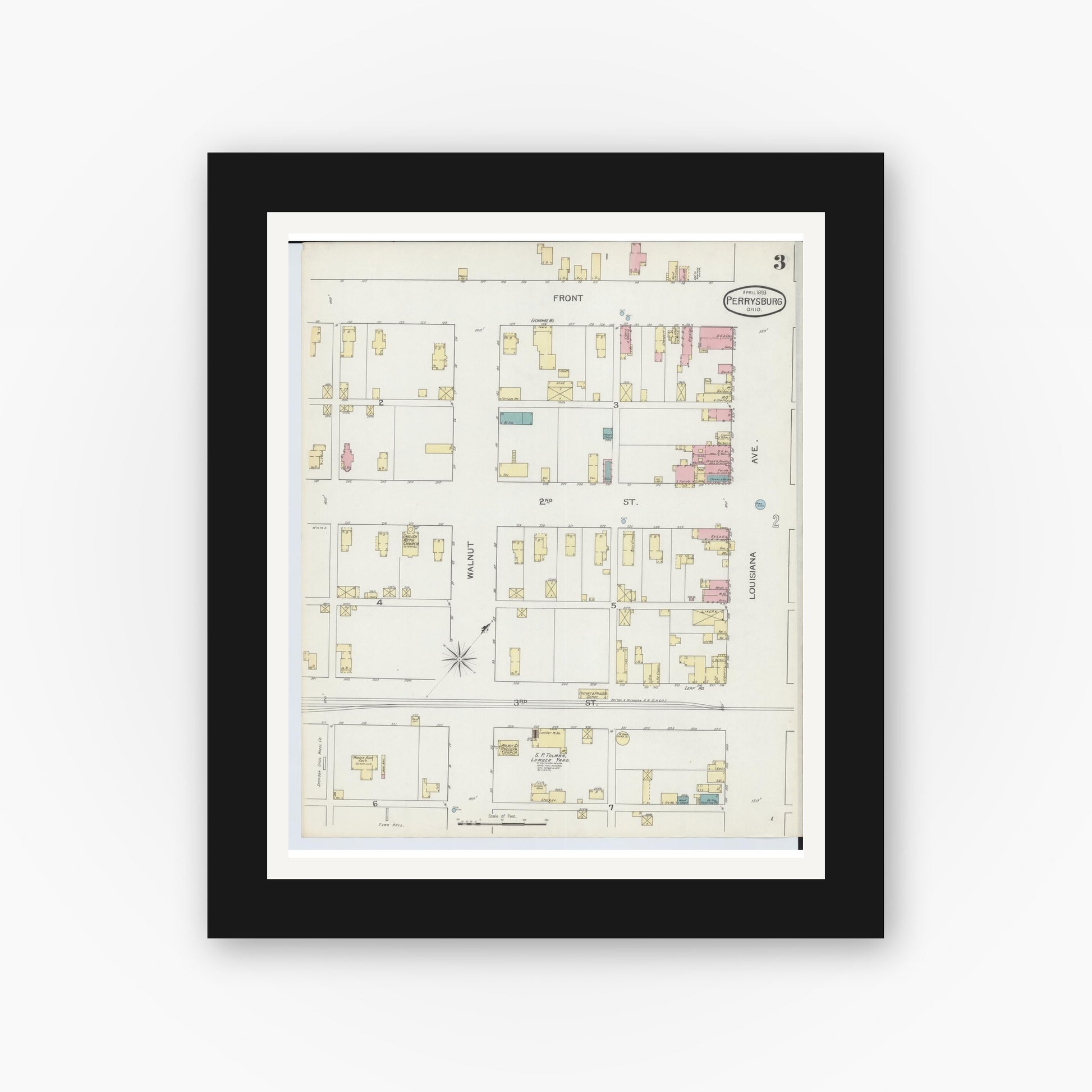 Old map wall art mockup — black gallery frame with white mat — Sanborn Fire Insurance Map from Perrysburg, Wood County, Ohio (1893), Sheet #0003