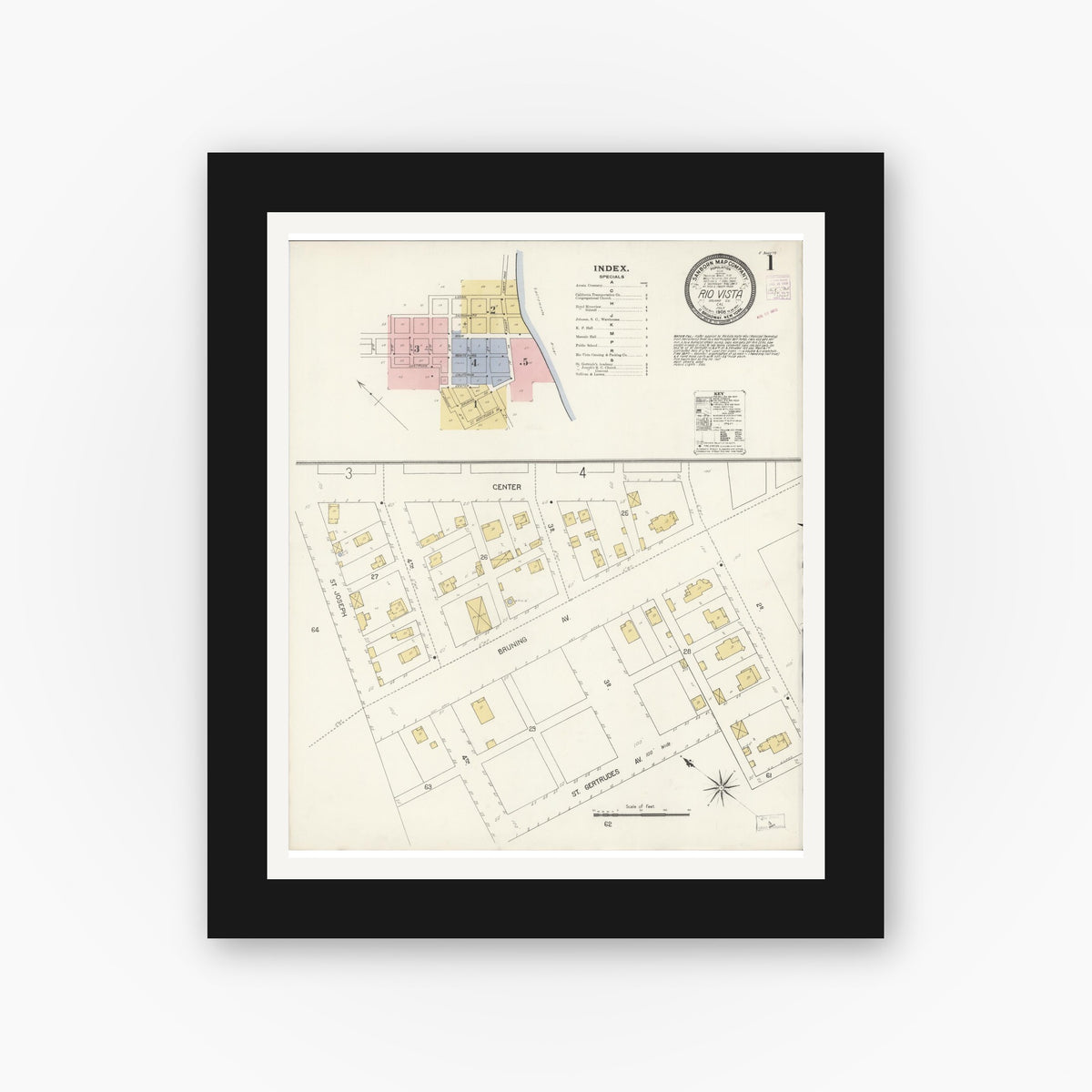 Old map wall art mockup — black gallery frame with white mat — Sanborn Fire Insurance Map from Rio Vista, Solano County, California (1908) - Complete Map Set