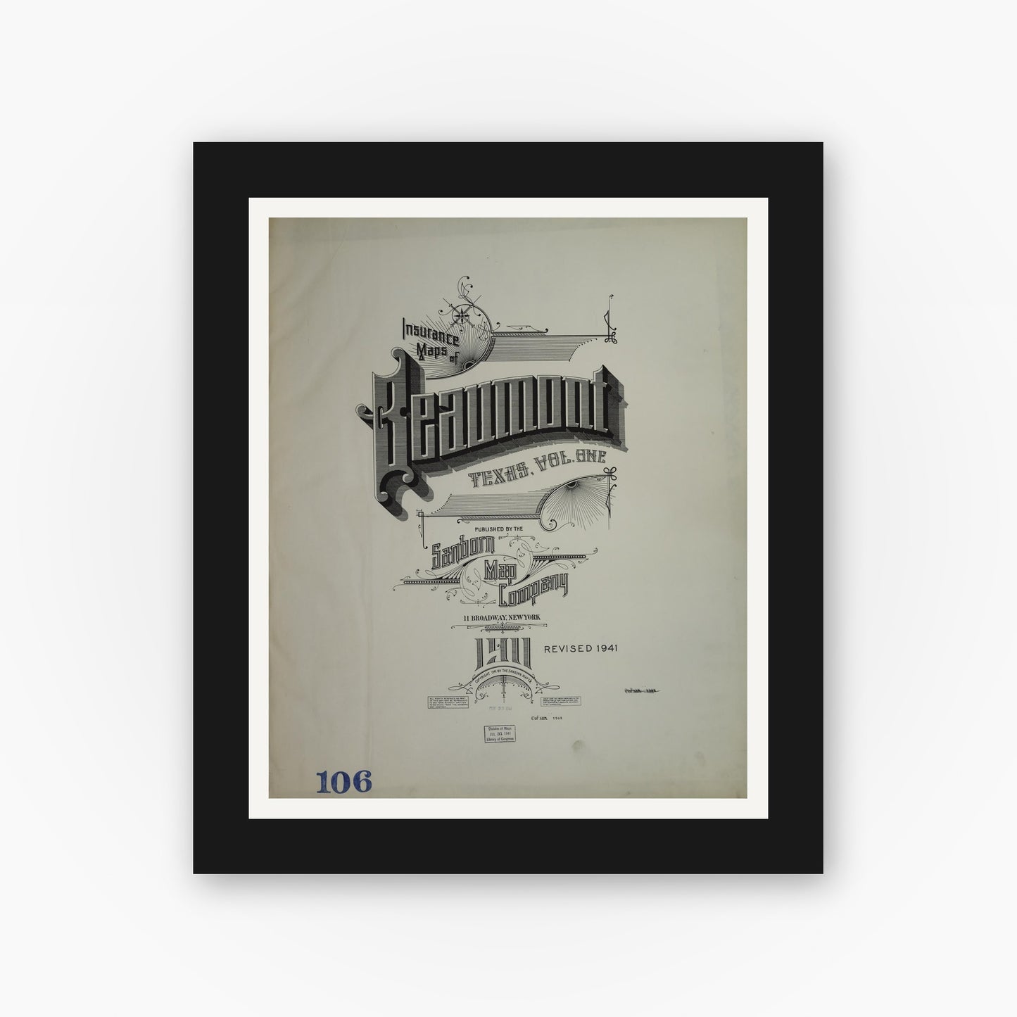 Old map wall art mockup — black gallery frame with white mat — Sanborn Fire Insurance Map from Beaumont, Jefferson County, Texas (1941), Sheet #0001