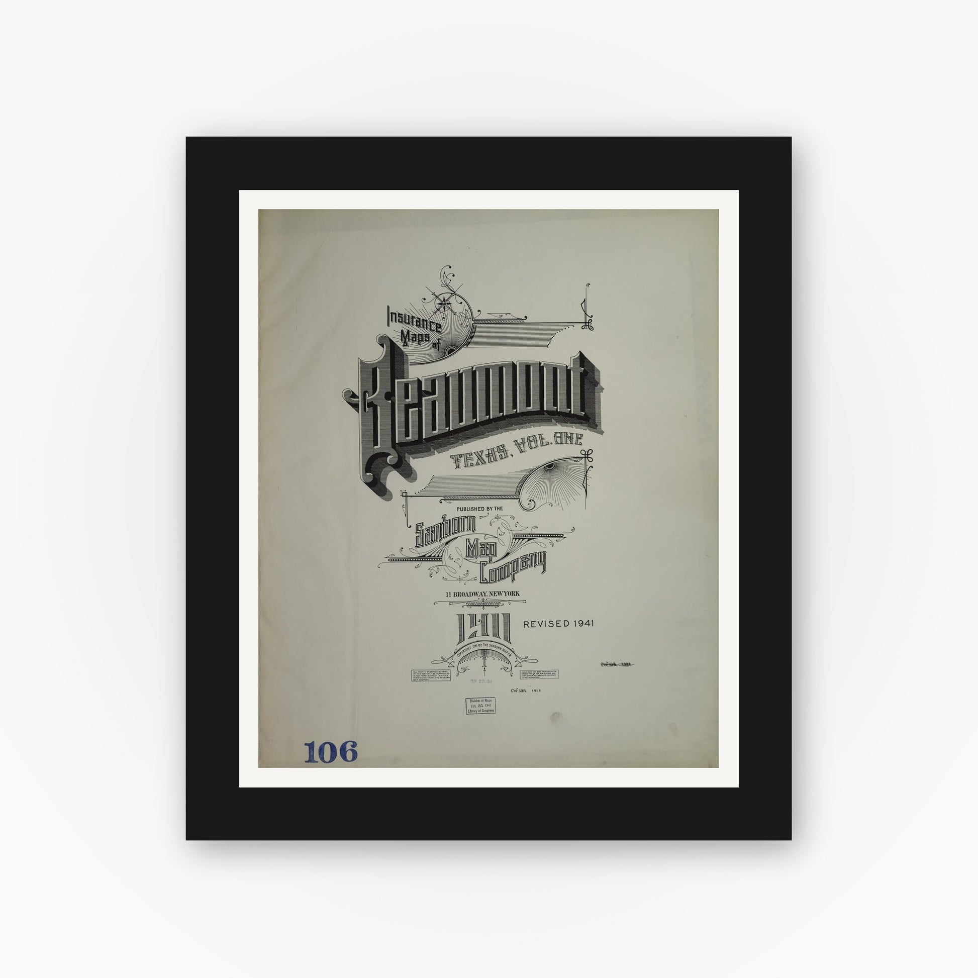 Old map wall art mockup — black gallery frame with white mat — Sanborn Fire Insurance Map from Beaumont, Jefferson County, Texas (1941), Sheet #0001