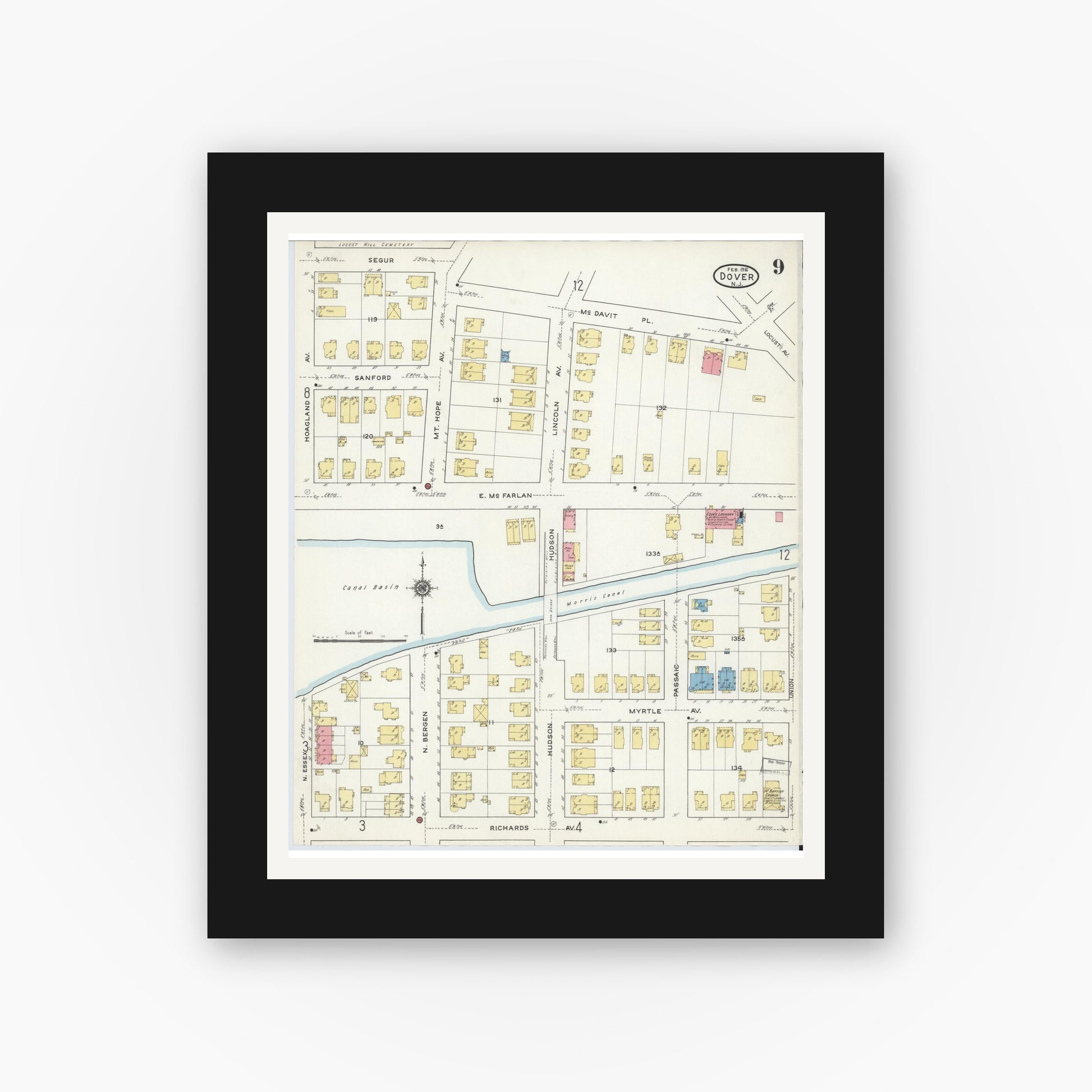 Old map wall art mockup — black gallery frame with white mat — Sanborn Fire Insurance Map from Dover, Morris County, New Jersey (1916), Sheet #0009
