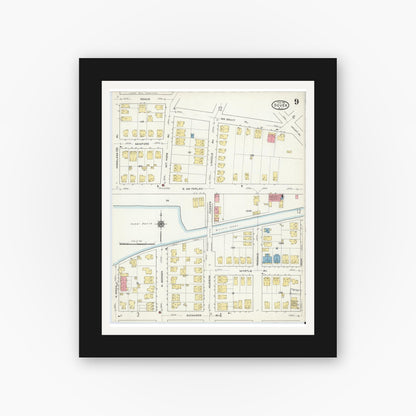 Old map wall art mockup — black gallery frame with white mat — Sanborn Fire Insurance Map from Dover, Morris County, New Jersey (1916), Sheet #0009