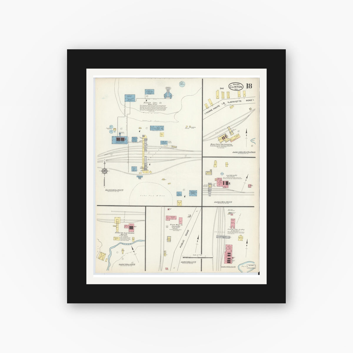 Old map wall art mockup — black gallery frame with white mat — Sanborn Fire Insurance Map from Clinton, Vermillion County, Indiana (1915), Sheet #0018