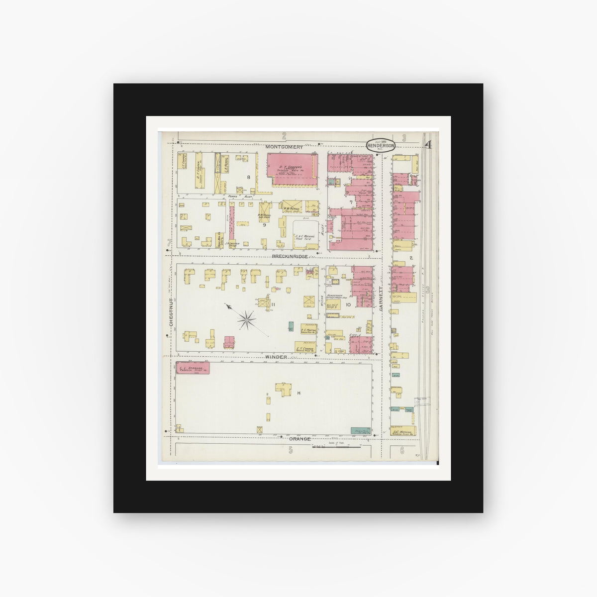 Old map wall art mockup — black gallery frame with white mat — Sanborn Fire Insurance Map from Henderson, Vance County, North Carolina (1893), Sheet #0004