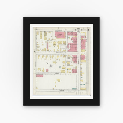 Old map wall art mockup — black gallery frame with white mat — Sanborn Fire Insurance Map from Henderson, Vance County, North Carolina (1893), Sheet #0004