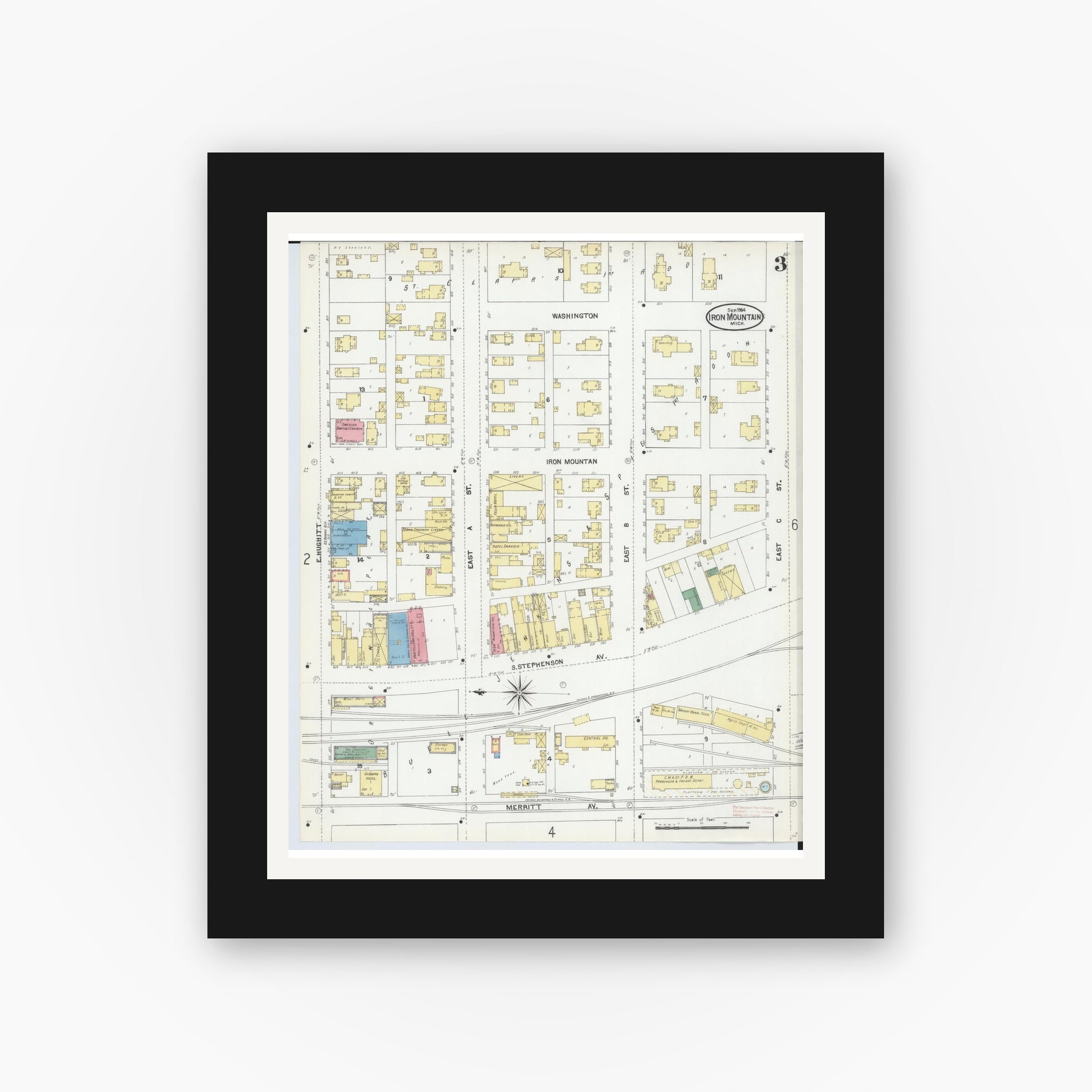 Old map wall art mockup — black gallery frame with white mat — Sanborn Fire Insurance Map from Iron Mountain, Dickinson County, Michigan (1904), Sheet #0003