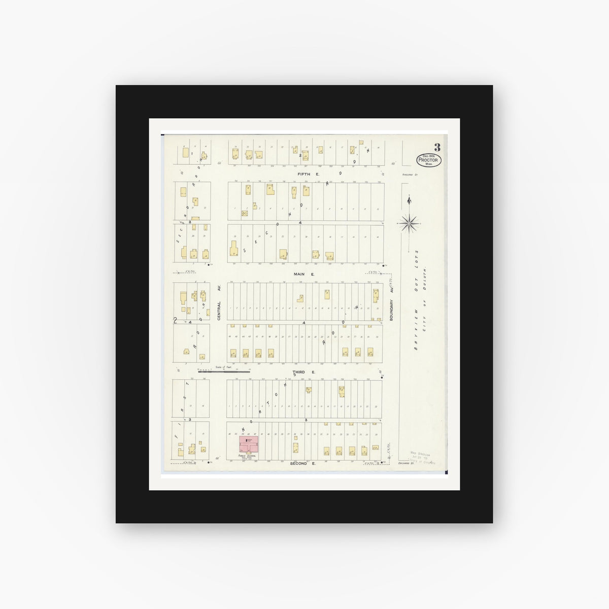 Old map wall art mockup — black gallery frame with white mat — Sanborn Fire Insurance Map from Proctor, Saint Louis County, Minnesota (1908), Sheet #0003