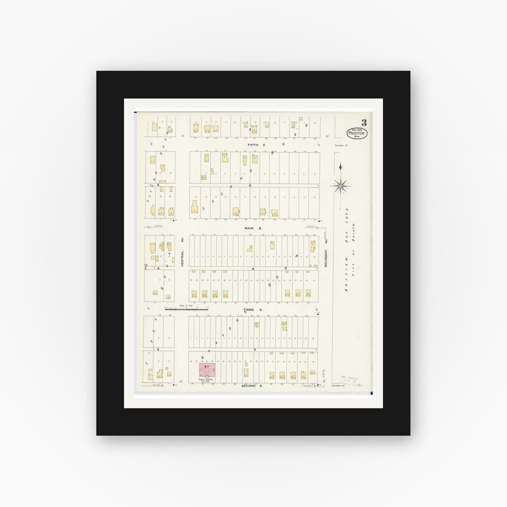 Old map wall art mockup — black gallery frame with white mat — Sanborn Fire Insurance Map from Proctor, Saint Louis County, Minnesota (1908), Sheet #0003