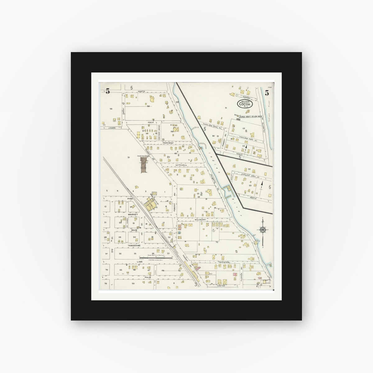 Old map wall art mockup — black gallery frame with white mat — Sanborn Fire Insurance Map from Cocoa, Brevard County, Florida (1924), Sheet #0005