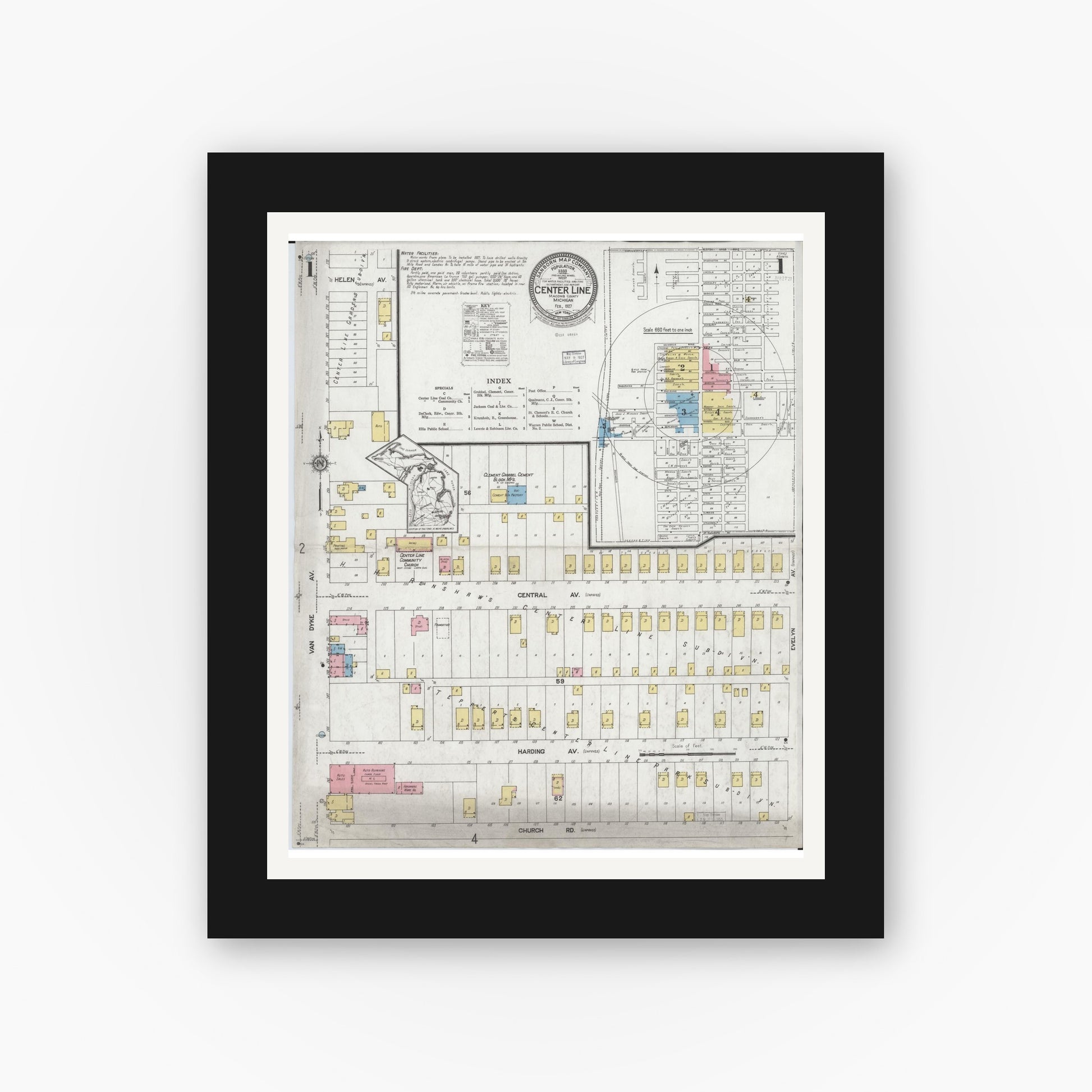 Old map wall art mockup — black gallery frame with white mat — Sanborn Fire Insurance Map from Center Line, Macomb County, Michigan (1927), Sheet #0001