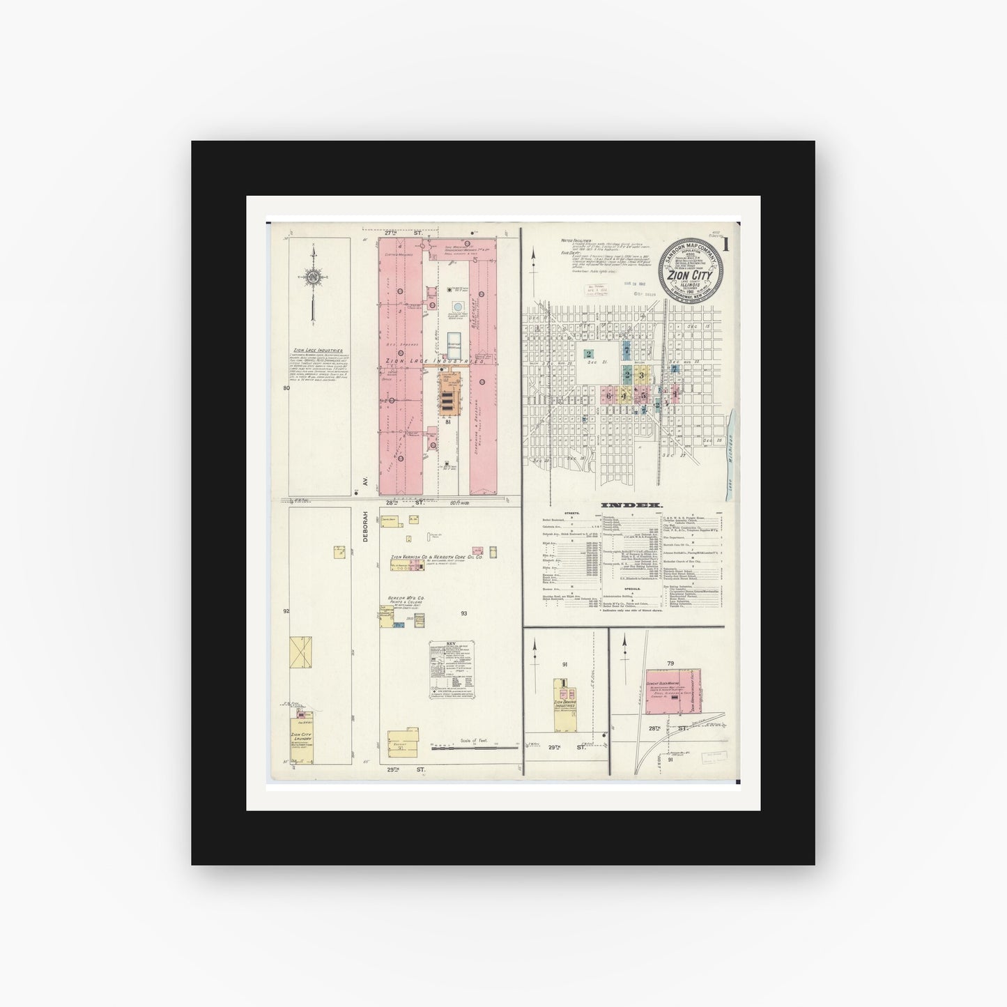 Old map wall art mockup — black gallery frame with white mat — Sanborn Fire Insurance Map from Zion, Lake County, Illinois (1911), Sheet #0001