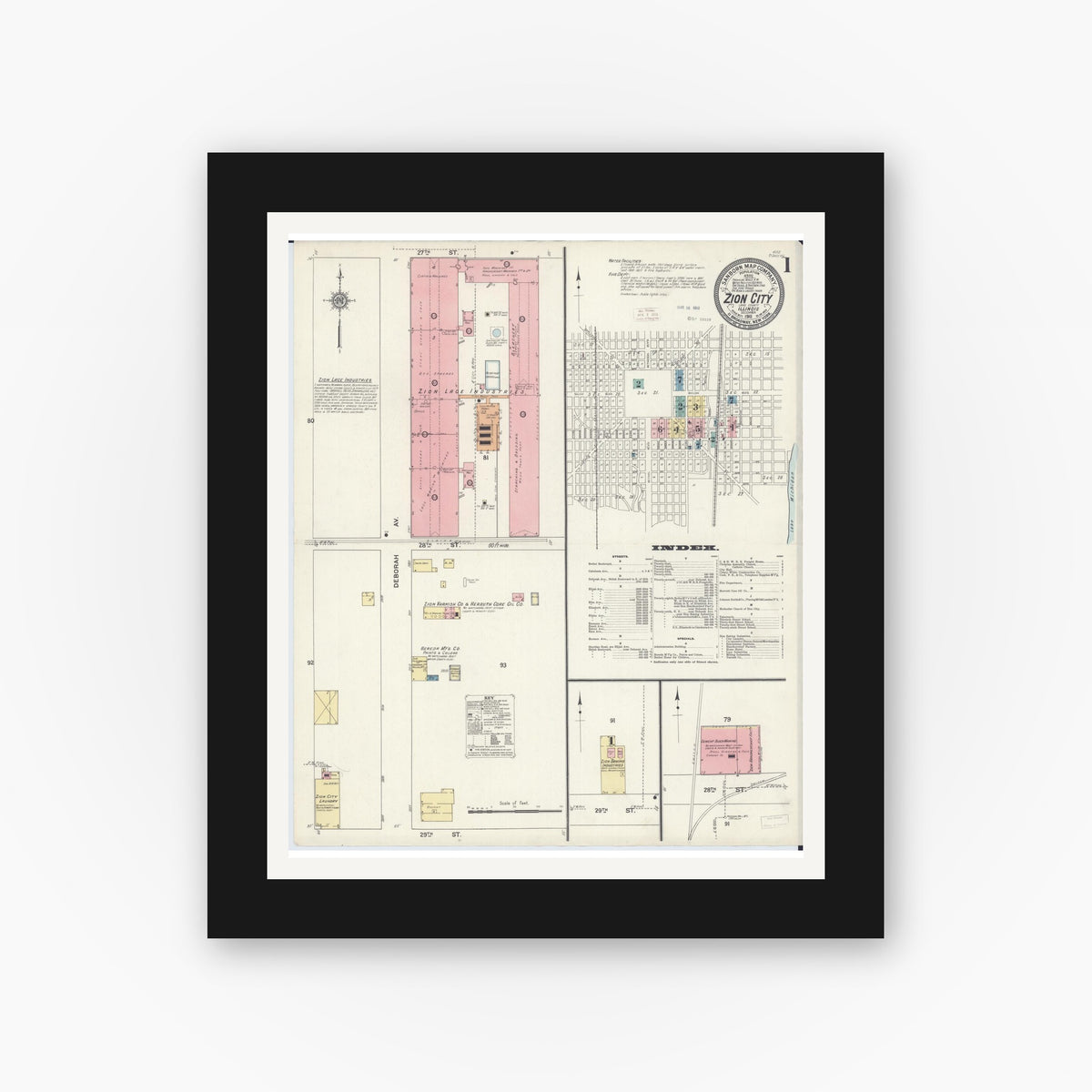 Old map wall art mockup — black gallery frame with white mat — Sanborn Fire Insurance Map from Zion, Lake County, Illinois (1911), Sheet #0001