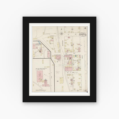 Old map wall art mockup — black gallery frame with white mat — Sanborn Fire Insurance Map from Lawrenceburg, Dearborn County, Indiana (1885), Sheet #0006
