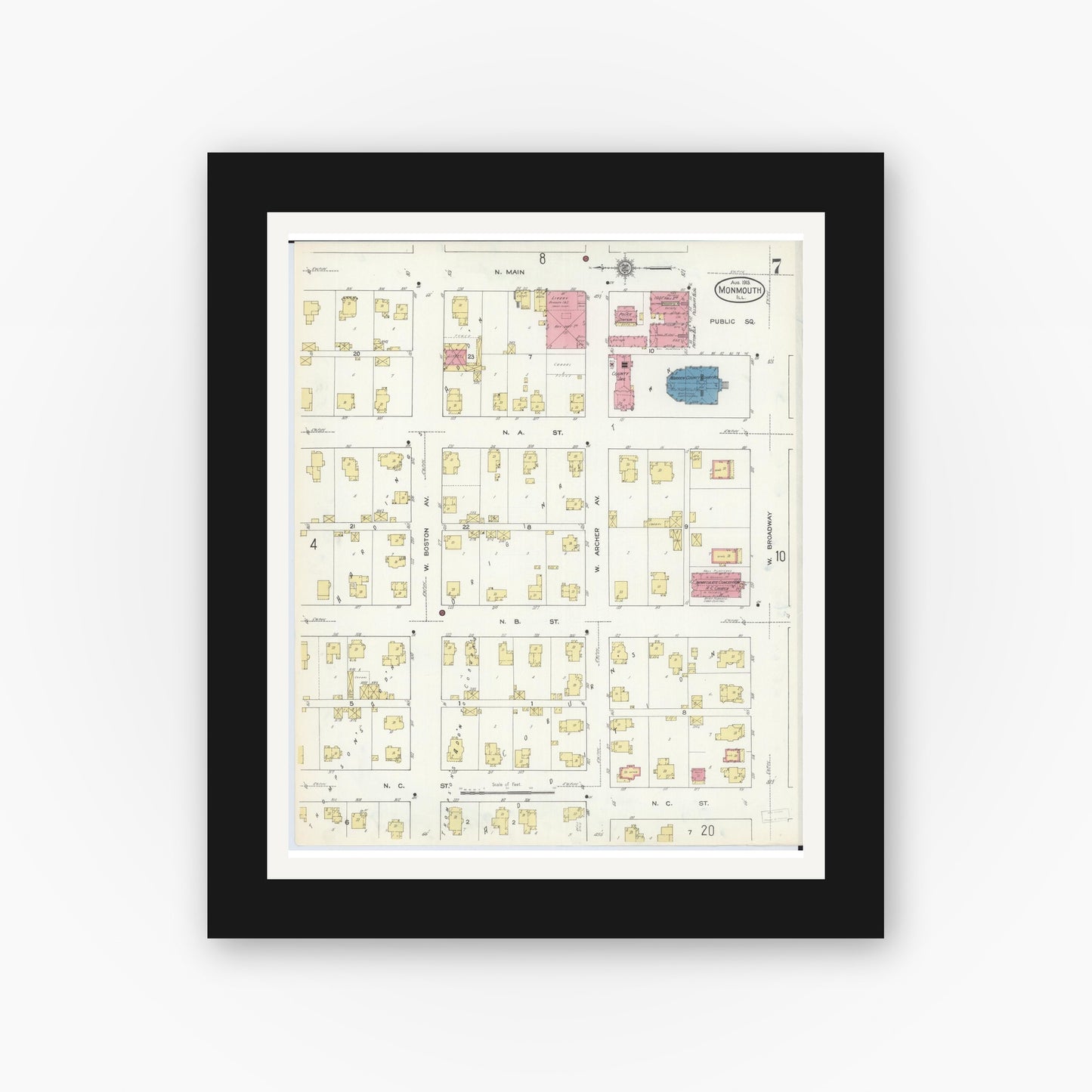 Old map wall art mockup — black gallery frame with white mat — Sanborn Fire Insurance Map from Monmouth, Warren County, Illinois (1913), Sheet #0007