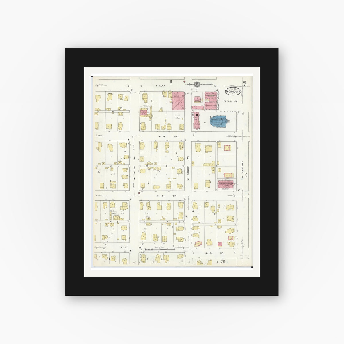 Old map wall art mockup — black gallery frame with white mat — Sanborn Fire Insurance Map from Monmouth, Warren County, Illinois (1913), Sheet #0007