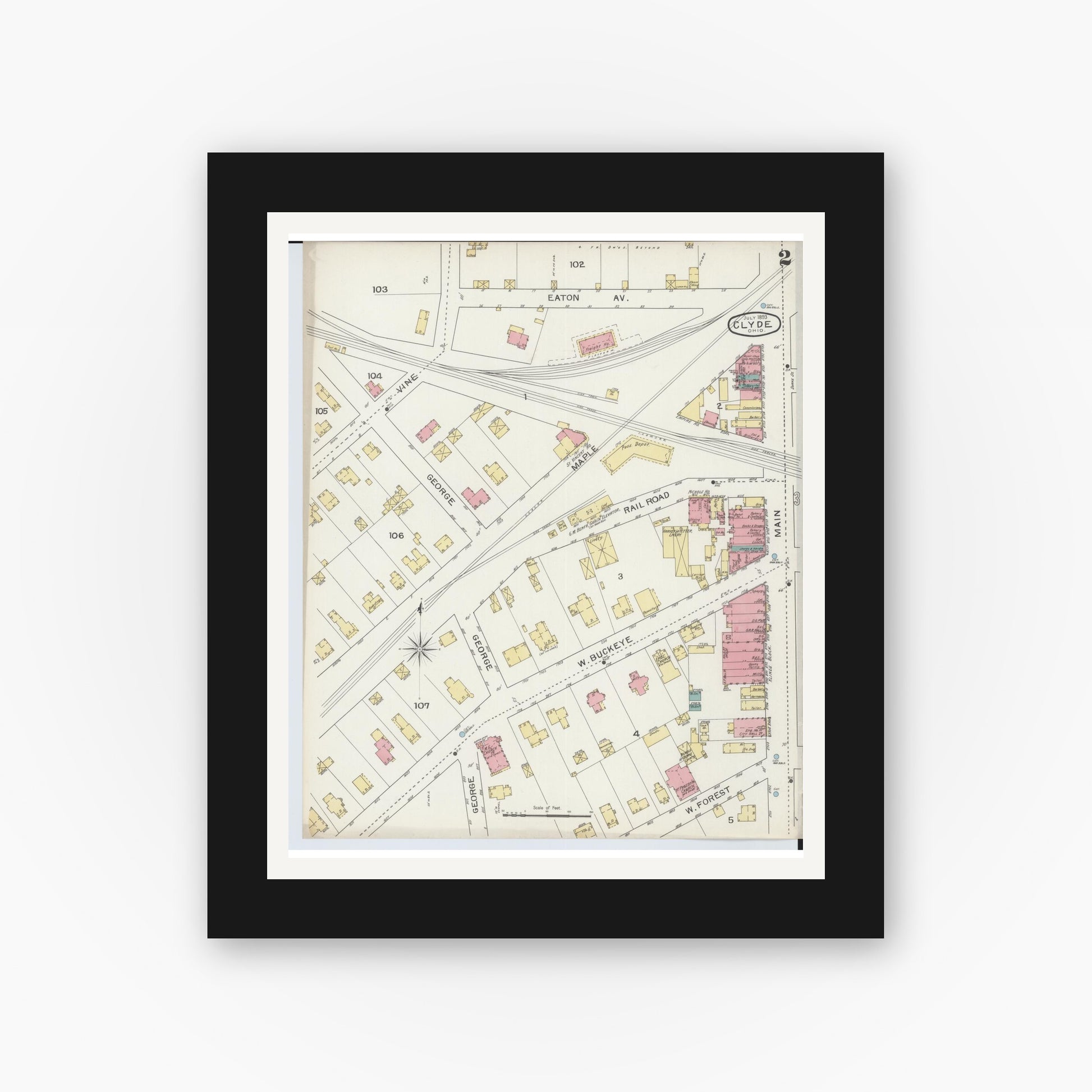 Old map wall art mockup — black gallery frame with white mat — Sanborn Fire Insurance Map from Clyde, Sandusky County, Ohio (1893), Sheet #0002