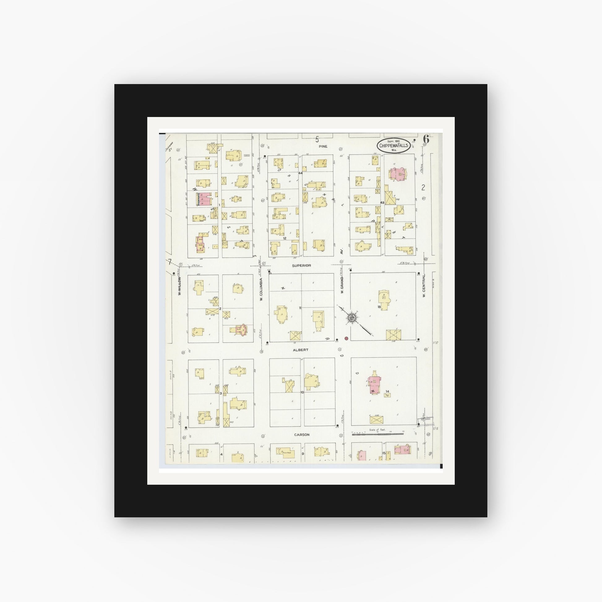 Old map wall art mockup — black gallery frame with white mat — Sanborn Fire Insurance Map from Chippewa Falls, Chippewa County, Wisconsin (1910), Sheet #0006