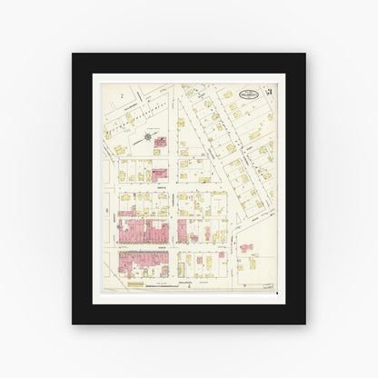 Old map wall art mockup — black gallery frame with white mat — Sanborn Fire Insurance Map from Oakland City, Gibson County, Indiana (1913), Sheet #0003