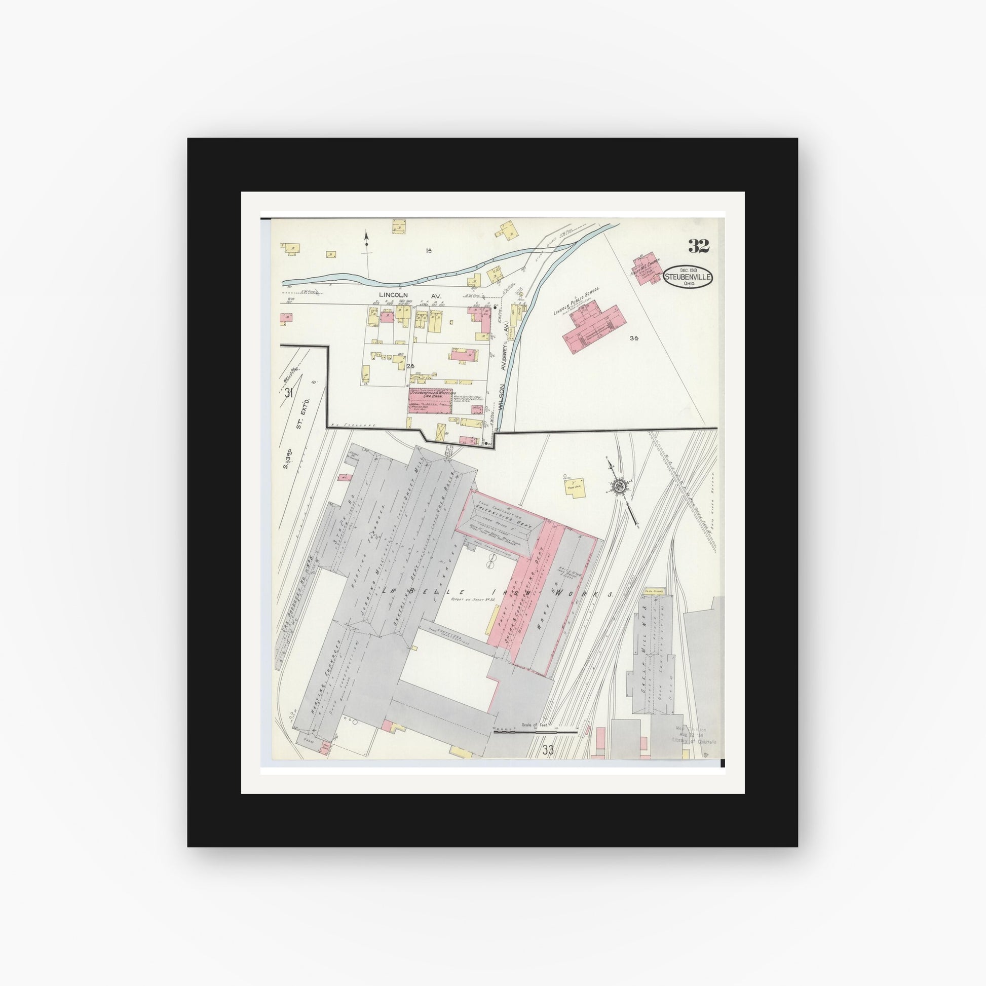 Old map wall art mockup — black gallery frame with white mat — Sanborn Fire Insurance Map from Steubenville, Jefferson County, Ohio (1913), Sheet #0032