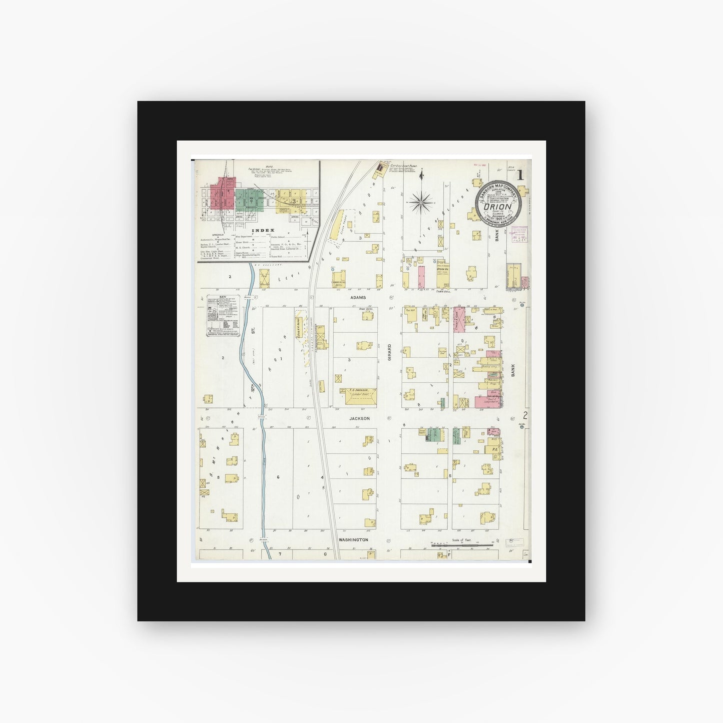 Old map wall art mockup — black gallery frame with white mat — Sanborn Fire Insurance Map from Orion, Henry County, Illinois (1906) - Complete Map Set