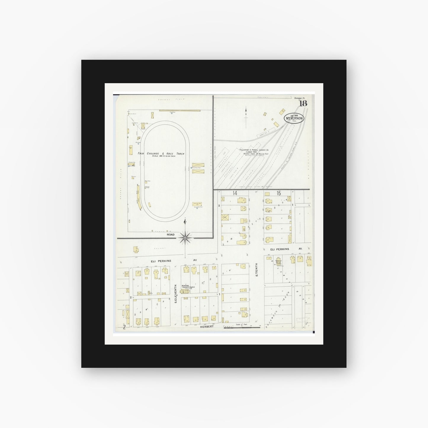 Old map wall art mockup — black gallery frame with white mat — Sanborn Fire Insurance Map from Mount Vernon, Jefferson County, Illinois (1908), Sheet #0018