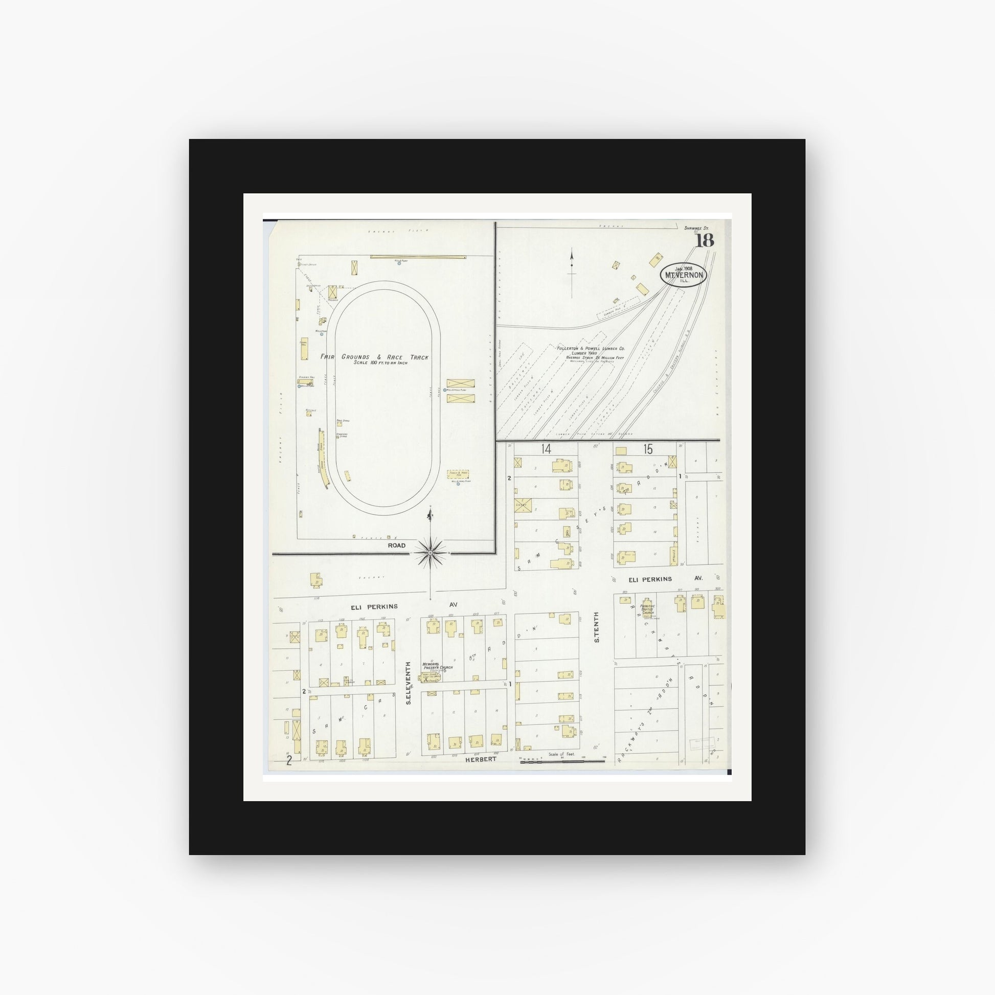 Old map wall art mockup — black gallery frame with white mat — Sanborn Fire Insurance Map from Mount Vernon, Jefferson County, Illinois (1908), Sheet #0018