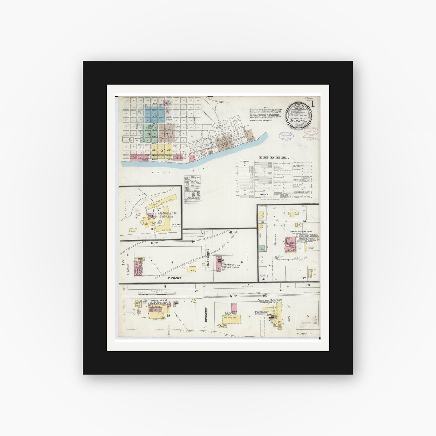 Old map wall art mockup — black gallery frame with white mat — Sanborn Fire Insurance Map from Metropolis, Massac County, Illinois (1897), Sheet #0001