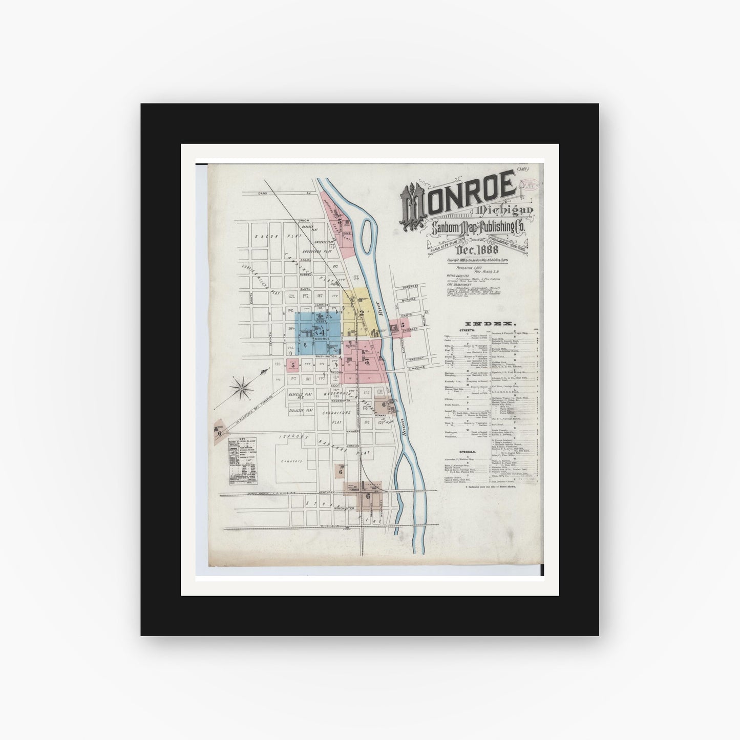 Old map wall art mockup — black gallery frame with white mat — Sanborn Fire Insurance Map from Monroe, Monroe County, Michigan (1888), Sheet #0001