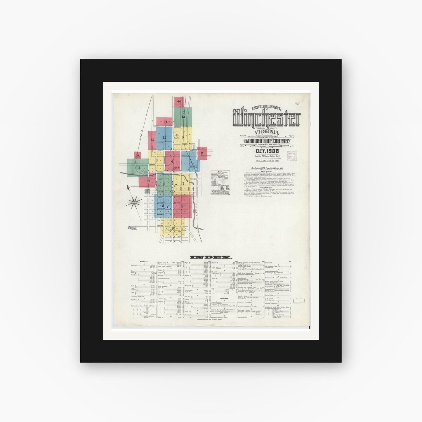 Old map wall art mockup — black gallery frame with white mat — Sanborn Fire Insurance Map from Winchester, Independent Cities, Virginia (1908) - Complete Map Set