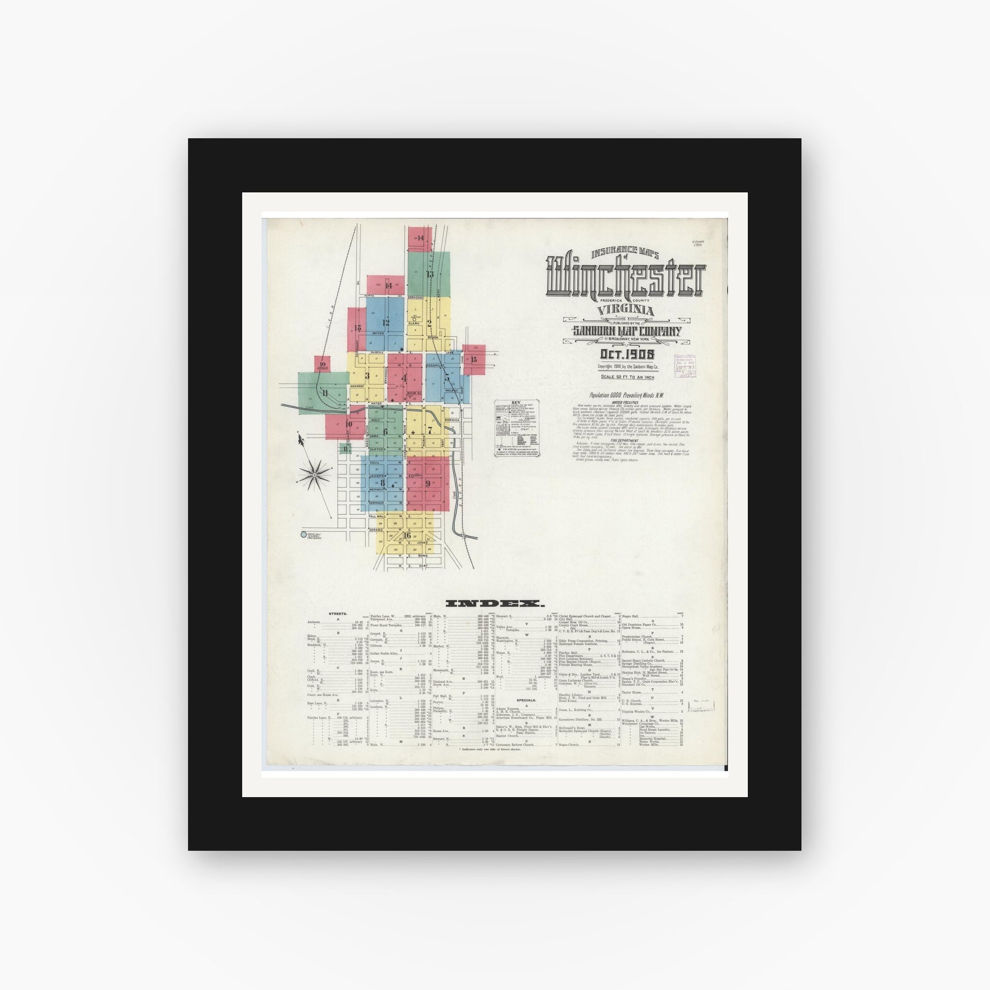 Old map wall art mockup — black gallery frame with white mat — Sanborn Fire Insurance Map from Winchester, Independent Cities, Virginia (1908) - Complete Map Set