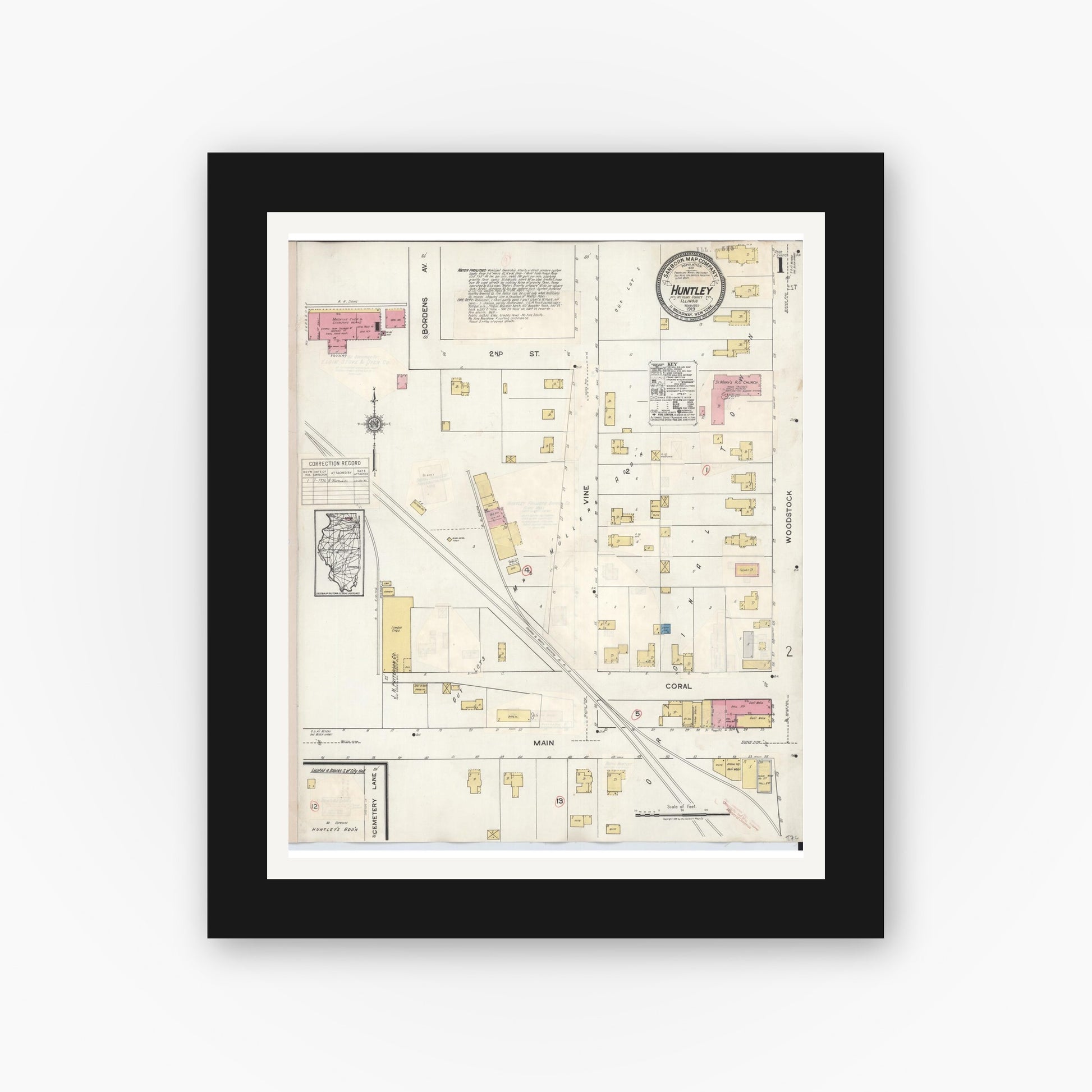 Old map wall art mockup — black gallery frame with white mat — Sanborn Fire Insurance Map from Huntley, McHenry County, Illinois (1936), Sheet #0001