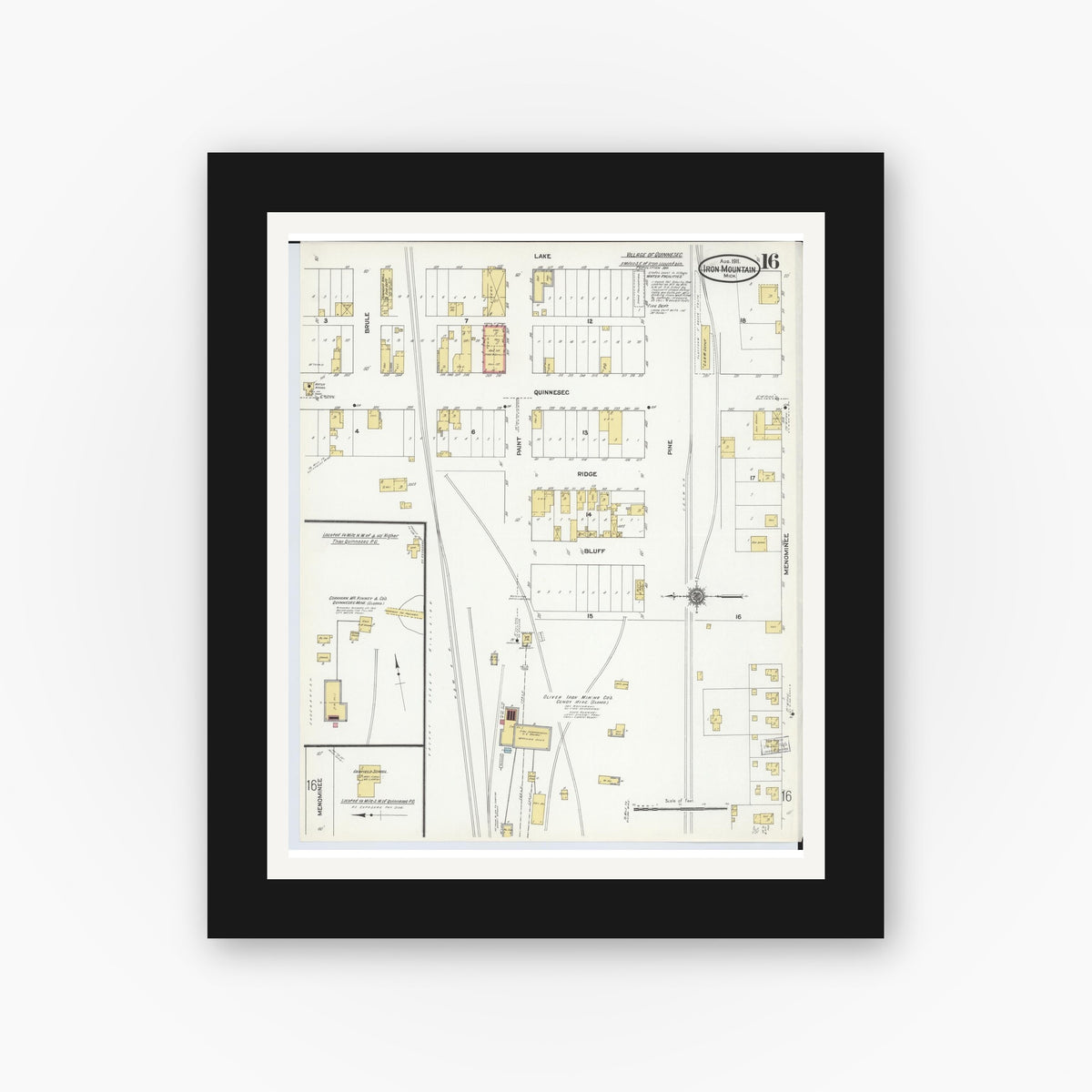 Old map wall art mockup — black gallery frame with white mat — Sanborn Fire Insurance Map from Iron Mountain, Dickinson County, Michigan (1911), Sheet #0016