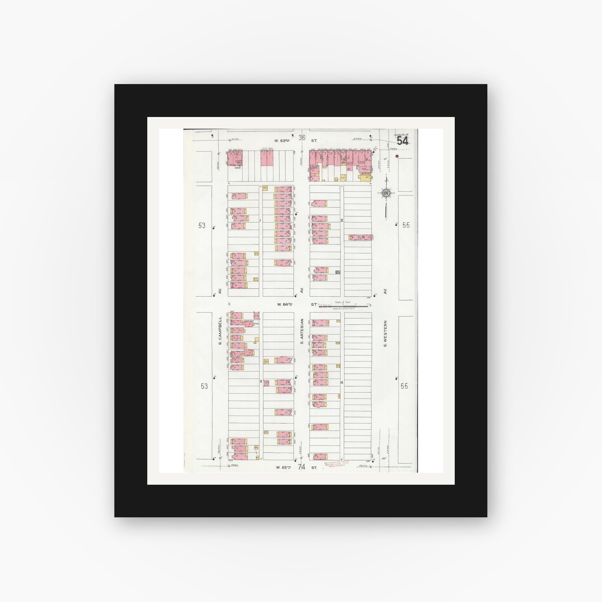 Old map wall art mockup — black gallery frame with white mat — Sanborn Fire Insurance Map from Chicago, Cook County, Illinois (1920), Sheet #0054