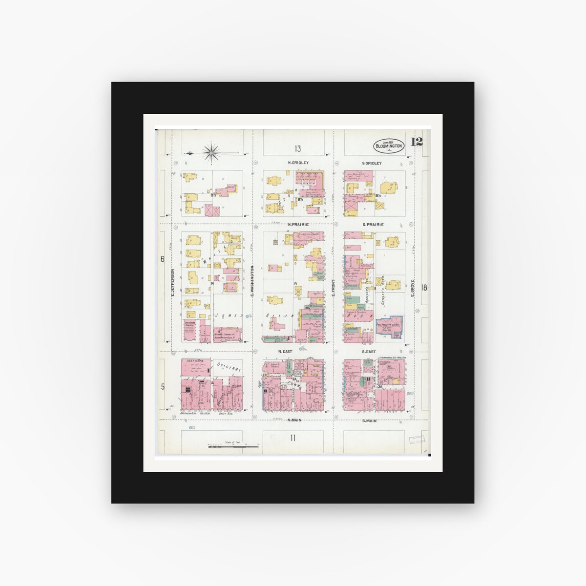 Old map wall art mockup — black gallery frame with white mat — Sanborn Fire Insurance Map from Bloomington, McLean County, Illinois (1901), Sheet #0012