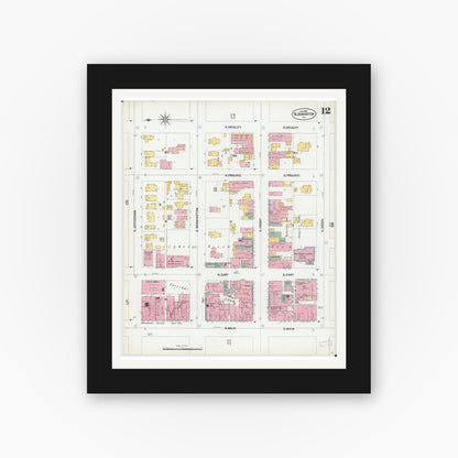 Old map wall art mockup — black gallery frame with white mat — Sanborn Fire Insurance Map from Bloomington, McLean County, Illinois (1901), Sheet #0012