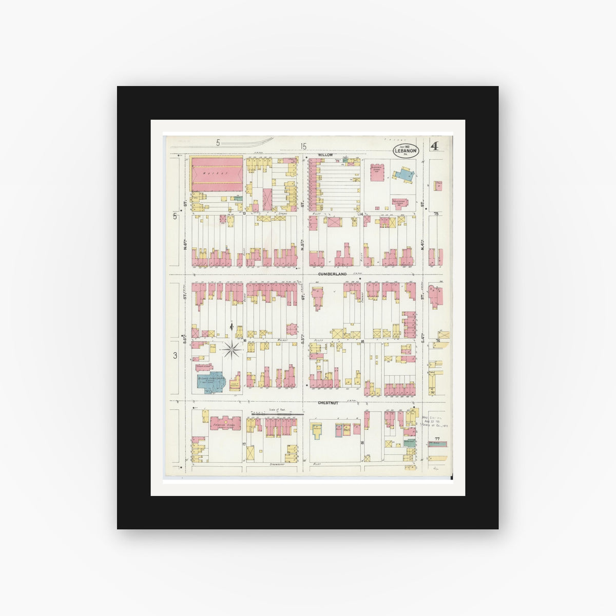 Old map wall art mockup — black gallery frame with white mat — Sanborn Fire Insurance Map from Lebanon, Lebanon County, Pennsylvania (1902), Sheet #0004