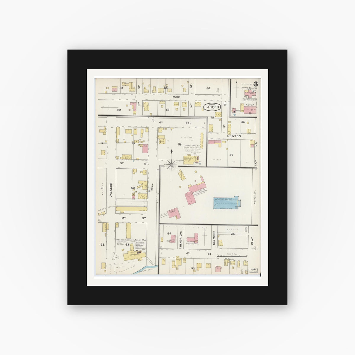 Old map wall art mockup — black gallery frame with white mat — Sanborn Fire Insurance Map from Jasper, Dubois County, Indiana (1892), Sheet #0003
