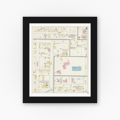 Old map wall art mockup — black gallery frame with white mat — Sanborn Fire Insurance Map from Jasper, Dubois County, Indiana (1892), Sheet #0003