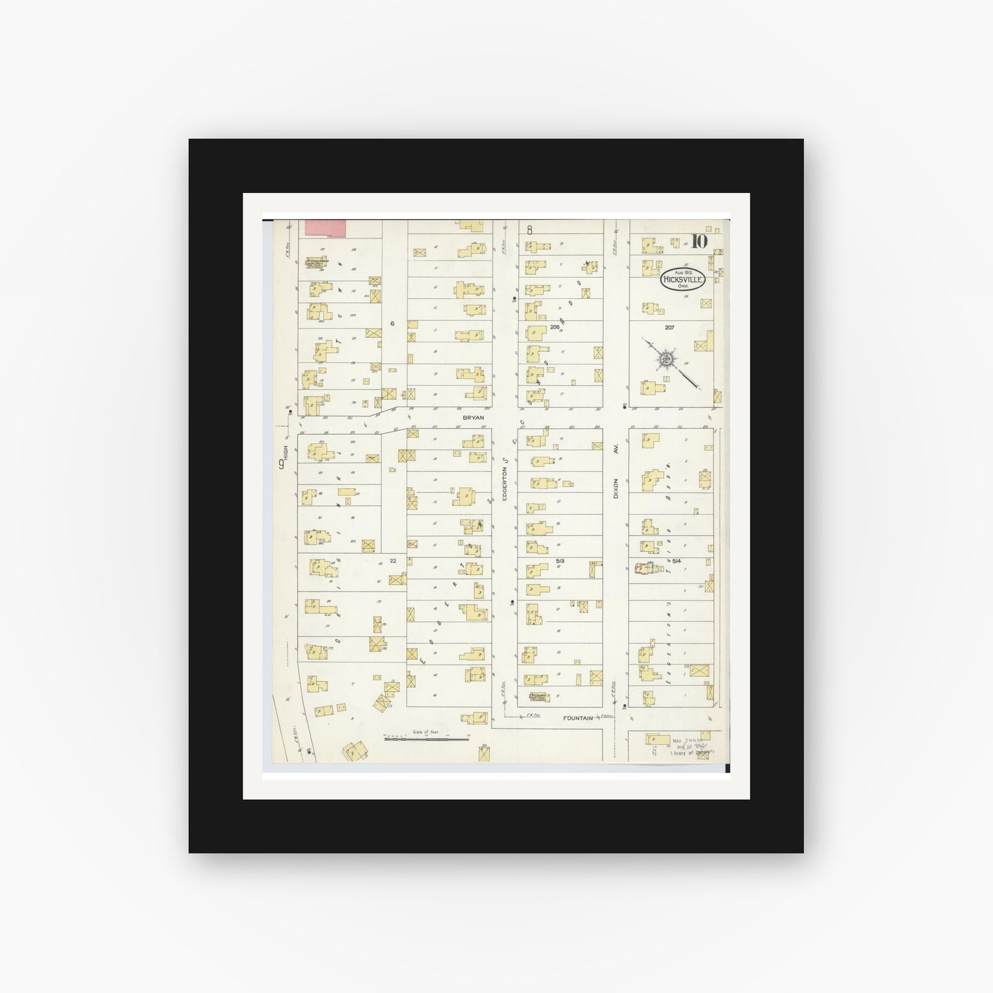 Old map wall art mockup — black gallery frame with white mat — Sanborn Fire Insurance Map from Hicksville, Defiance County, Ohio (1913), Sheet #0010