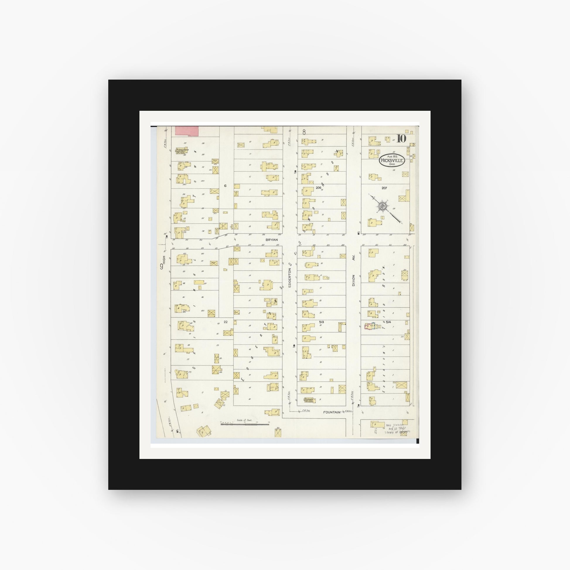 Old map wall art mockup — black gallery frame with white mat — Sanborn Fire Insurance Map from Hicksville, Defiance County, Ohio (1913), Sheet #0010