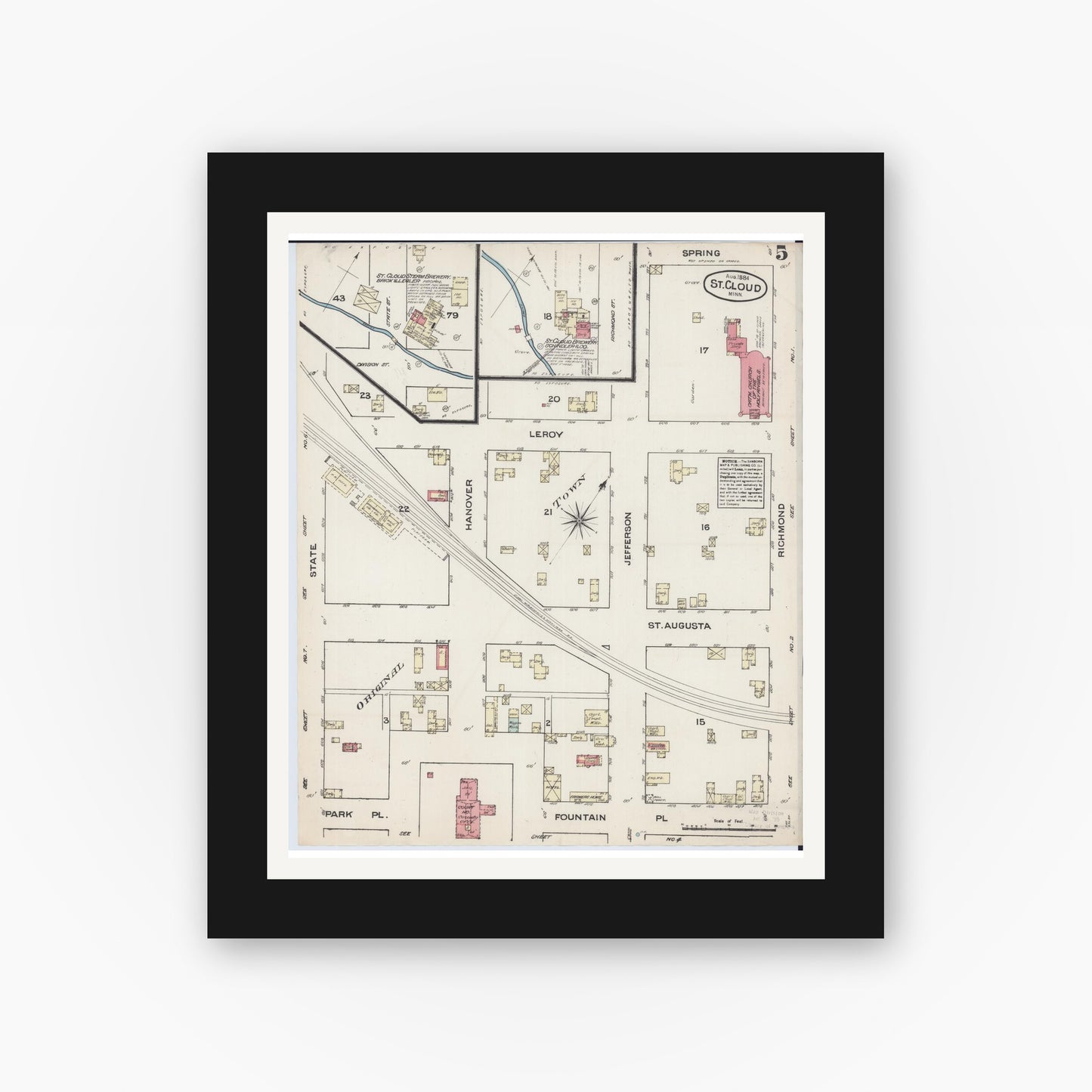 Old map wall art mockup — black gallery frame with white mat — Sanborn Fire Insurance Map from Saint Cloud, Stearns, Benton, and Sherburne Counties, Minnesota (1884), Sheet #0005