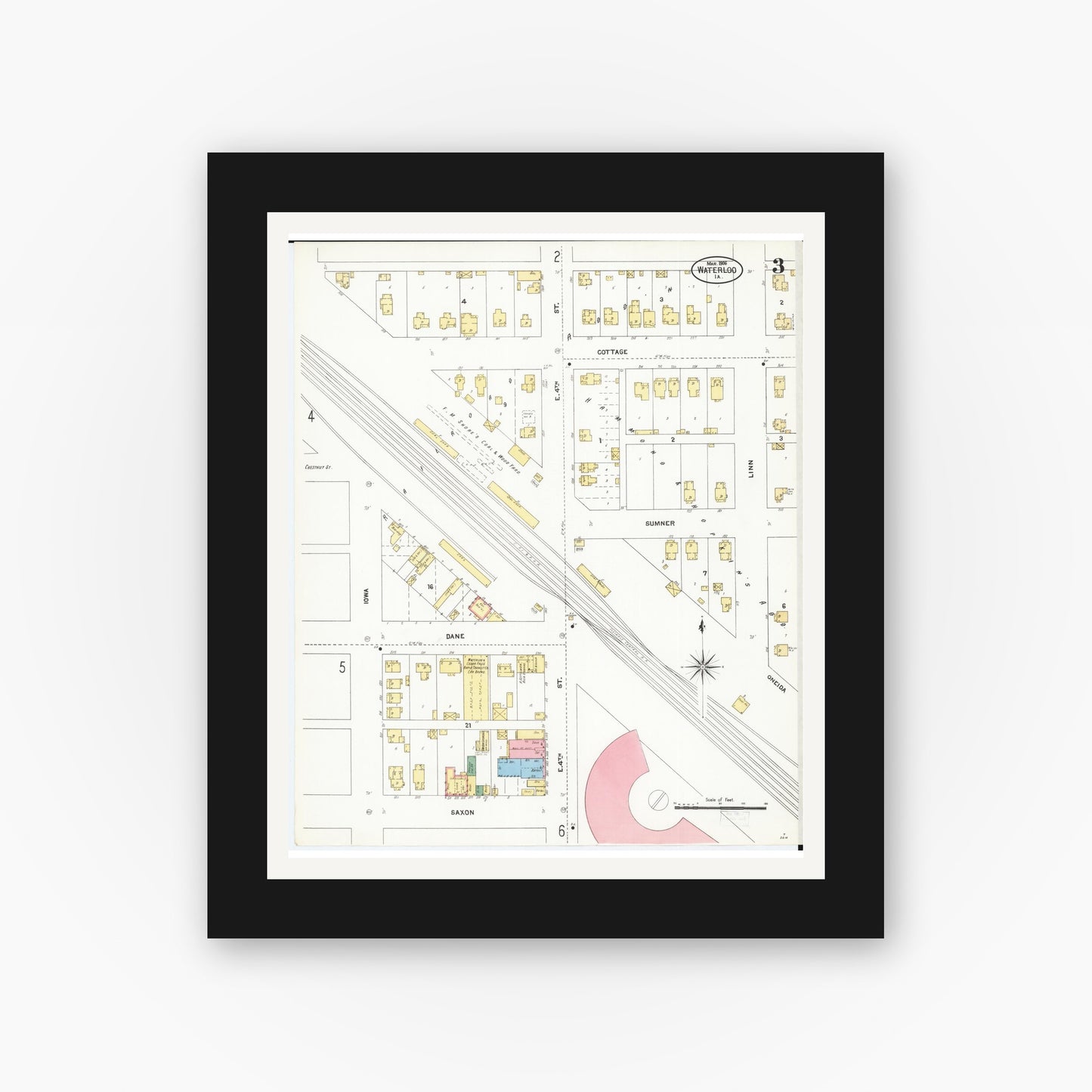 Old map wall art mockup — black gallery frame with white mat — Sanborn Fire Insurance Map from Waterloo, Black Hawk County, Iowa (1906), Sheet #0003