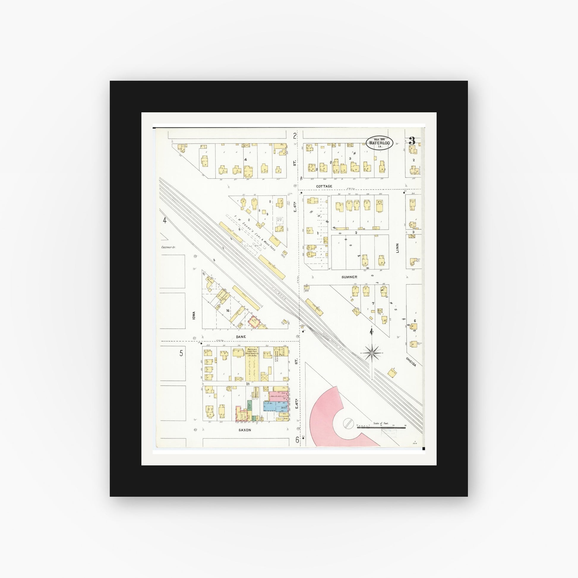 Old map wall art mockup — black gallery frame with white mat — Sanborn Fire Insurance Map from Waterloo, Black Hawk County, Iowa (1906), Sheet #0003