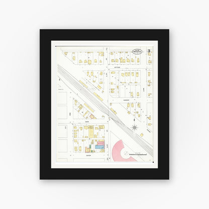 Old map wall art mockup — black gallery frame with white mat — Sanborn Fire Insurance Map from Waterloo, Black Hawk County, Iowa (1906), Sheet #0003