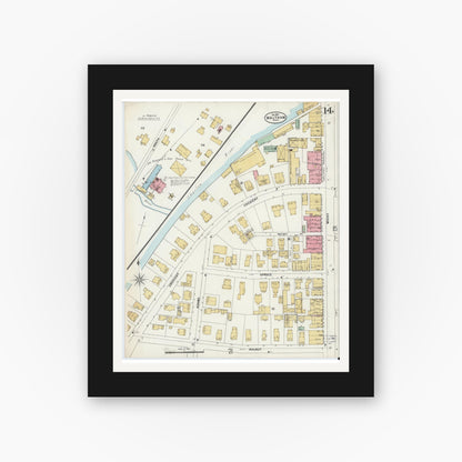 Old map wall art mockup — black gallery frame with white mat — Sanborn Fire Insurance Map from Waltham, Middlesex County, Massachusetts (1897), Sheet #0014